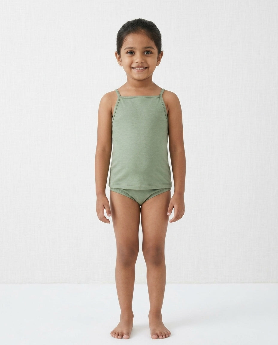 Naturally Dyed Cotton Camisole For Girls | Sleeveless | Gentle Everyday comfort | Olive Warbler | Eco Hue